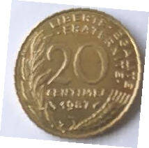 Republique Francais- la griffoul , 1987  , 20 Centimes , Dia 2.35  Th 0.13 cm