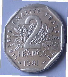 Republique Francais , 1981 , 2 Francs , Dia 2.64  Th 0.16 cm