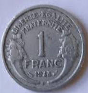 Republique Francais   , 1945 ,  1 Franc , Dia 2.30  Th 0.12 cm