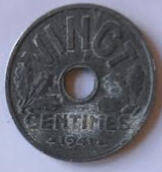 Republique Francais   , 1941 ,  VINQT CENTIMES , Dia 2.44  Th 0.14 cm