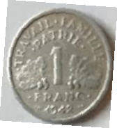 Etat Francais , 1942 , 1 Francs , Dia 2.30  Th 0.16 cm