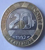 Republique Francais , 1992 , 20 Francs , Dia 2.68  Th 0.20 cm