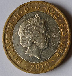 Elizabeth II ,  2010 ,2 pounds , Dia 2.85  th  0.23 cm