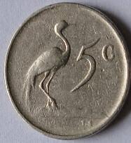 South Afrika  , 1965 , 5 c ,dia 1.11 th 0,14 cm