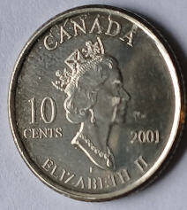 Queen Elizabeth II, DG Regina, Canada , 2001 , 10 cents , Dia 1,08 th 0.1 cm