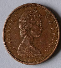 Elizabeth the second, Canada 1971 . 1 cents dia 1.04 h 0.16 cm
