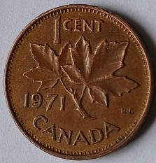 Elizabeth the second, Canada 1971 . 1 cents dia 1.04 h 0.16 cm