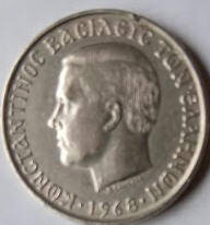 GR1 A  Konitantinoc , 1968 ,  10 Drachme , Dia 3.01  Th 0.17 CM