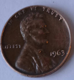 United States- One cent  ,  1963, no mint  , Dia 1.89 Th 0.14 cm