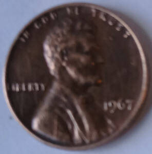 United States- One cent  ,  1967 , no mint  , Dia 1.89 Th 0.14 cm