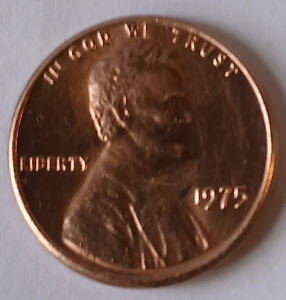 United States- One cent  ,  1975 , no mint  , Dia 1.89 Th 0.14 cm