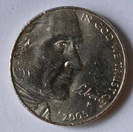 United States- Five cents ,  2005 P , Dia 2.12 Th 0.18 cm