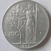 Republica Italiana , 1957 , 100 Lire , Dia 2.77  Th 0.20 cm