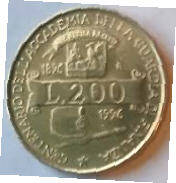 Republica Italiana  , 1996  , 200  lire, Dia 2.34  Th 0.15 cm
