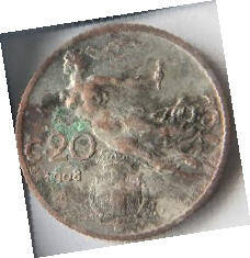 Republica Italiana  , 1908 , C20 , Dia 0.85  Th 0.05 cm