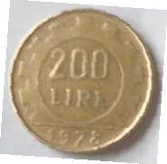 Republica Italiana , 1978 ,  200 Lire  , Dia 2.40  Th 0.16 cm