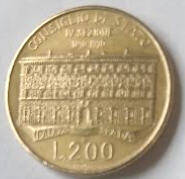 Republica Italiana , Consiglio die stato IV sezione , 1890-1990  , 200 lire, Dia 2.40  Th 0.16 cm