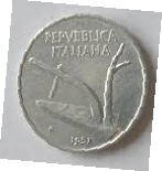 Republica Italiana ,  1951  , 10 lire, Dia 2.34  Th 0.17 cm