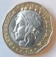 Republica Italiana ,  1998  , 1000  lire, Dia 2.69  Th 0.20 cm