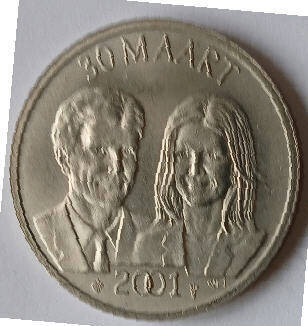 uncirculated, Mint,30 Maart 2001 verloving Alexander met Maxima , silver coin ,Dia 3.31 th 0.22 cm