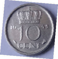 Koningin Wilhelmina - 1948 , 10  cent ,  Dia 1.47 Th 0.12 cm
