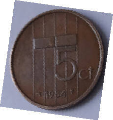 Koningin Beatrix - 1984 , BRONS 5 cent ,  Dia 2.13 Th 0.16 cm