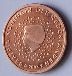 Koningin Beatrix - 2003 , koper 2 cent ,  Dia 1.87 Th 0.15 cm