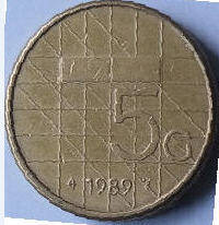 Koningin Beatrix- 1989,  5 Gulden, Dia 2.35 Th 0,27 cm