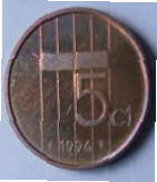 Koningin Beatrix-  1996  . 5 cent koper,, Dia 2.10 Th 0,13 cm