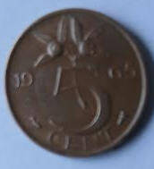 Koningin Juliana - 1965 , 5  cent  brons,  Dia 2.10 Th 0.14 cm
