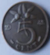 Koningin Wilhelmina - 1948 , 5  cent  brons,  Dia 2.30 Th 0.14 cm