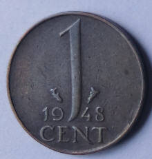 Koningin Wilhelmina - 1948 , 1  cent  brons,  Dia 2.30 Th 0.13 cm