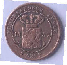 Nederlandsch Indie, 1867 ,  1 cent , Dia 2.38  Th 0,12 cm