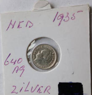 Koningin of the Netherlands  Wilhelmina - 1935 , 10  cent , Silver ,  Dia 1.44 Th 0.12 cm