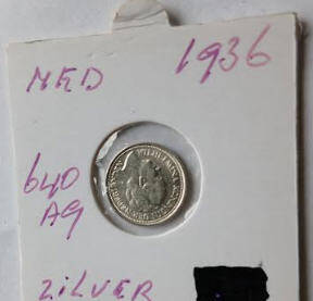 Koningin of the Netherlands  Wilhelmina - 1936 , 10  cent , Silver ,  Dia 1.44 Th 0.12 cm