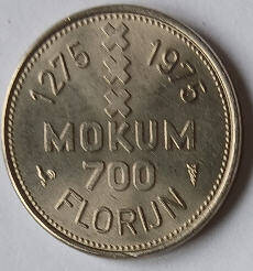 uncirculated mint ,zilver, Insignia Mokum 700,  1975 , 1 Florijn ,Dia 2.20 Th 0.16 cm