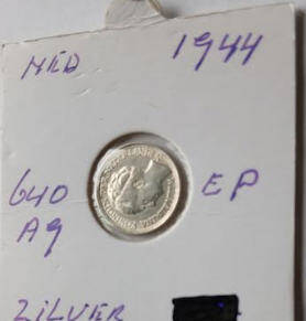 Koningin of the Netherlands  Wilhelmina - 1944 , 10  cent , Silver ,  Dia 1.44 Th 0.12 cm
