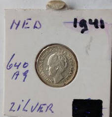 Koningin of the Netherlands  Wilhelmina - 1941 , 25  cent , Silver ,  Dia 2.00 Th 0.15 cm