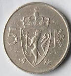 NW 1B -NORWAY - OLAV V - 1972 ,  5 KR , Dia 2.94 Th 0.18 CM 