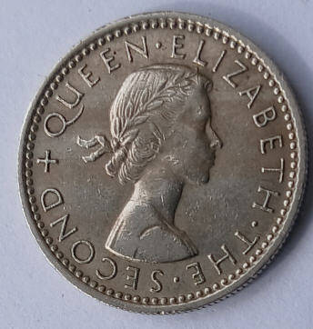  queen Elizabeth II ,Dei Gratia Regina, New zealand, ,1964, six pence  dia 1.9 th 0.13 cm