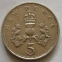 QueElizabeth II, DG Regina,  1970, 5 pence Dia 2.37 th 0.17 cm