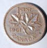 Queen Elizabeth II, DG Regina, Canada 1961,  1 cent Dia 1.9 th 0.14 cm