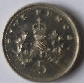 U.K  5 pence 1976 dia 1.74th  0.16cm