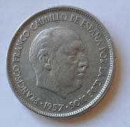 Spain, Franco, 1957 .  25 Ptas.  Dia 2.66 Th 0.20 cm