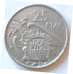 Spain, Franco, 1957 .  25 Ptas.  Dia 2.66 Th 0.20 cm