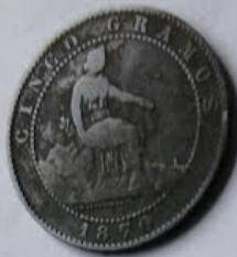 Spain, bronze,  1870 ,,   cinqo Centimes .  Dia 2.52 Th 0.11 cm