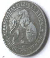Spain, bronze,  1870 ,,   cinqo Centimes .  Dia 2.52 Th 0.11 cm