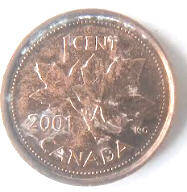 11 BA -Queen Elizabeth II, DG Regina, Canada 2001 ,  1 cent Dia 1.9 th 0.14 cm