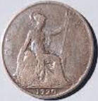 George  V , 1920 , one Penny  , Dia 3.08 ,  Th 0.15 cm