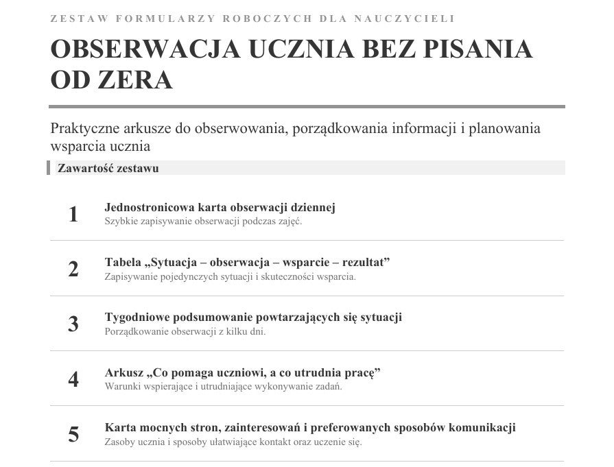 Obserwacja ucznia bez pisania od zera